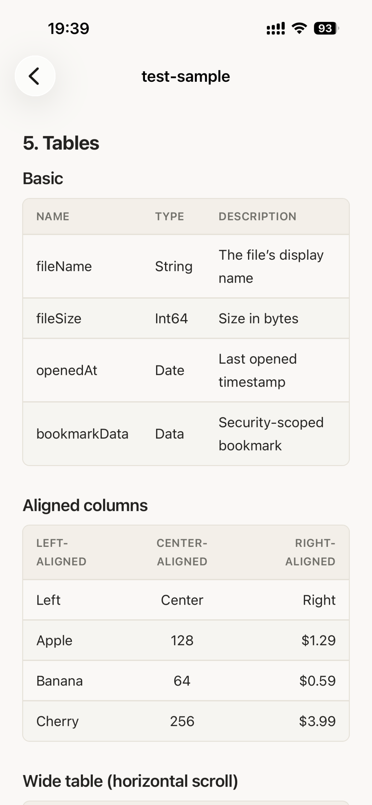 Md Preview App Store screenshot showing Markdown table rendering on iPhone