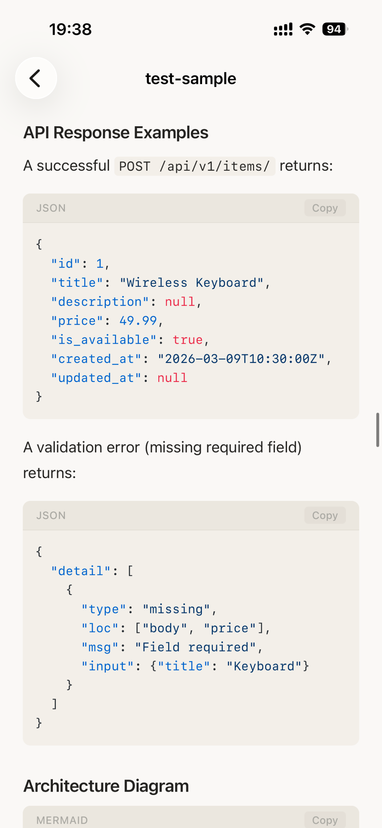 Md Preview App Store screenshot: Markdown-Codeblocke und JSON auf dem iPhone anzeigen